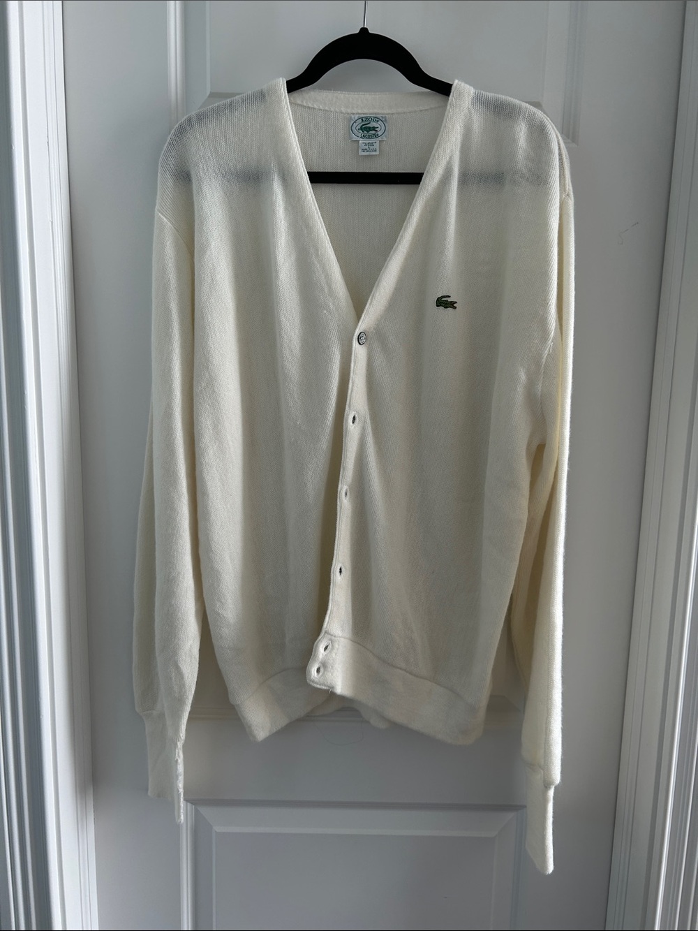 Vintage L Lacoste Men’s Cream V-Neck Button Cardigan with Green Crocodile Logo